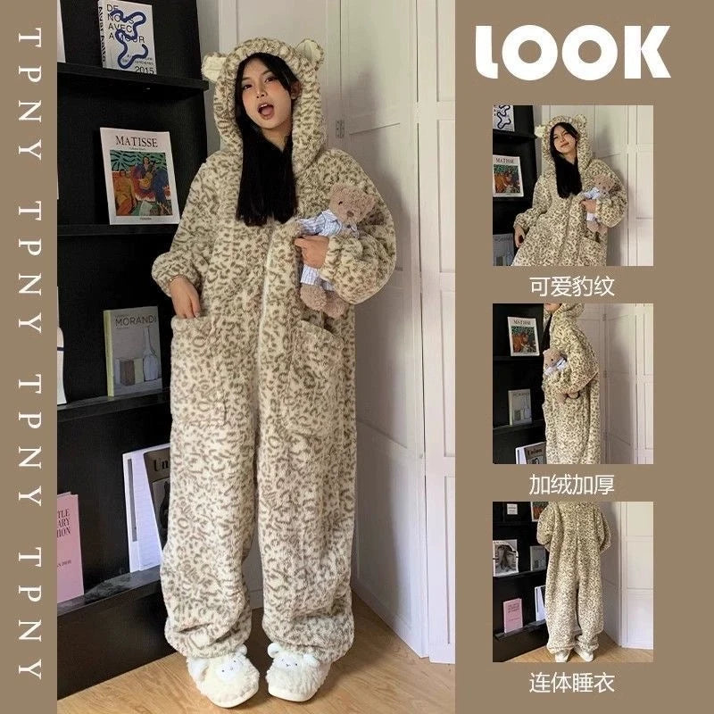 Leopard Hooded Pajamas Animal Kigurumi Unicorn Adult Onesies for Women Winter Sleepwear Flannel Pochets Overall Sets Slippers