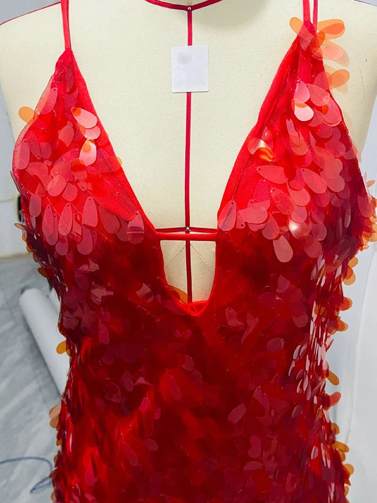 Sexy Women Maxi Dresses Elegant Sequins Sleeveless Female Long Dress Fashion  Solid Deep V Neck Ladies Party Robe Dress