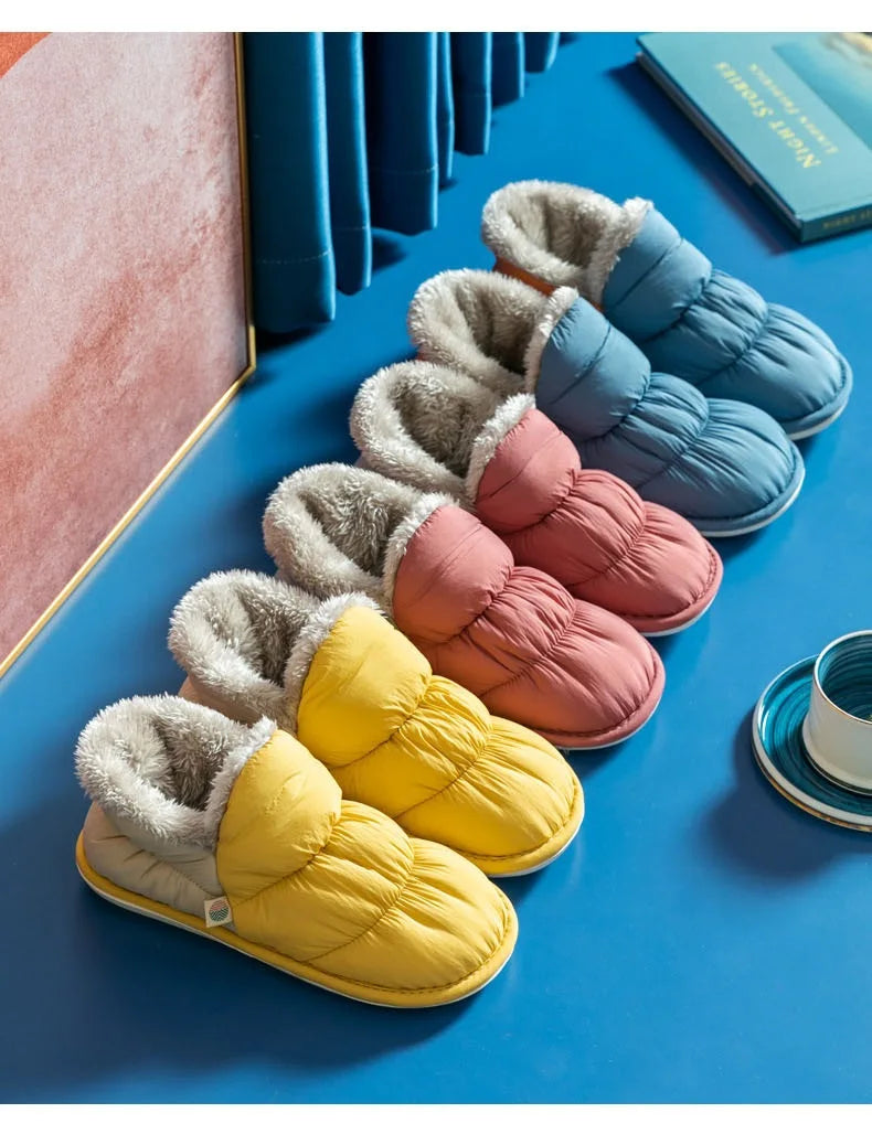 WDZKN Fashion Women Home Cotton Shoes Winter Warm Plush Slip On Slippers Waterproof Down Soft Bottom Indoor Couple Outside Shoes