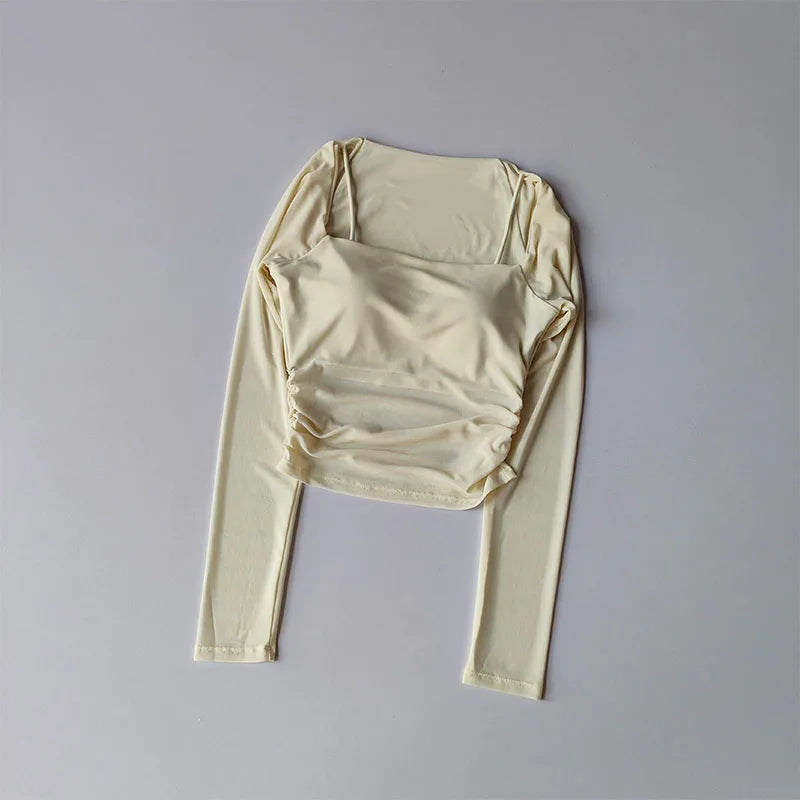 Yoga Clothes Women Sports Tops Fixed Chest Pads Mesh Splicing Slimming Long Sleeves Fashionable Running Training Fitness Clothes