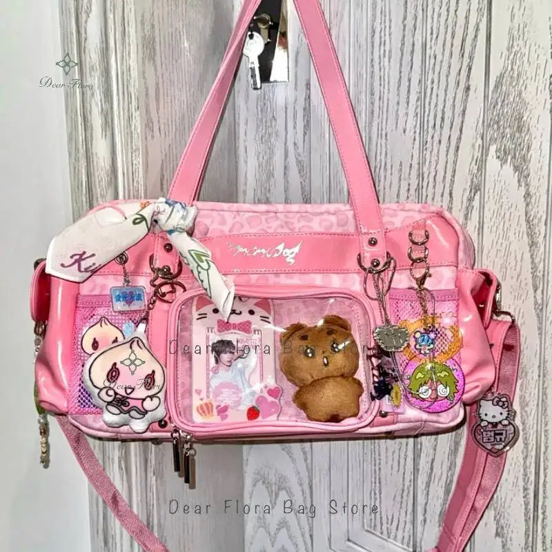 New Y2k Leopard Ita Shoulder Bag Lolita Girls Transparent Tote Bag Womens Large Capacity Crossbody Bag Cute DIY Display Handbags