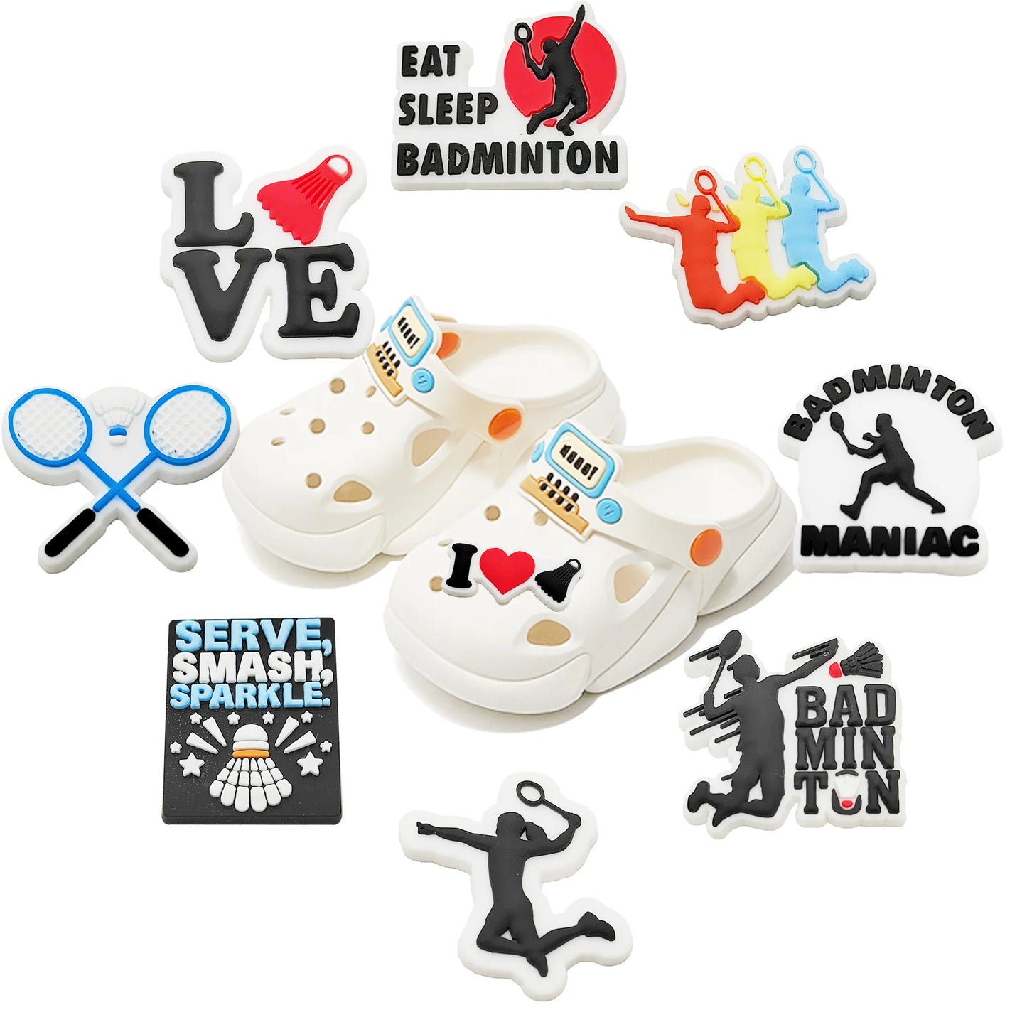 1-9PCS Sport Love Badminton Maniac PVC Shoe Charms For Clogs Pins Fit Wristbands Garden Shoes Button Decorations Kid Gift