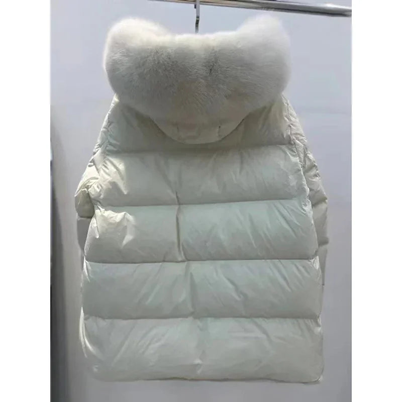 Schinteon Women 100% Real Fox Fur Collar White Duck Down Jacket with Hood Autumn Winter Warm Casual A-lined Warm Outwear Cape