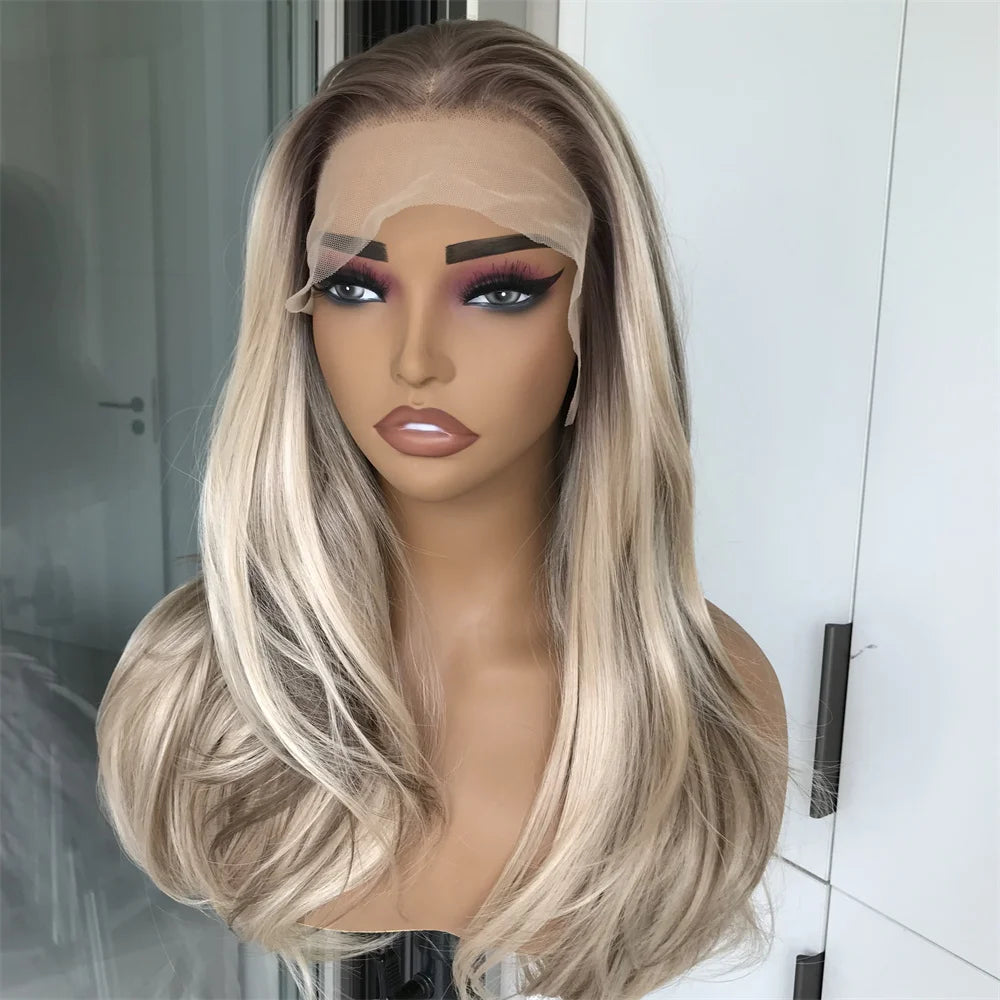 Highlight Honey Blonde Synthetic Lace Front Wig for Women 13x4 Lace Plucked Middle Length 18inch Heat Resistant Fiber Daily Use
