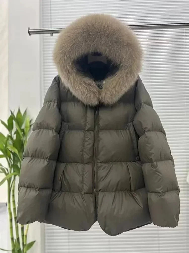 Schinteon Women 100% Real Fox Fur Collar White Duck Down Jacket with Hood Autumn Winter Warm Casual A-lined Warm Outwear Cape