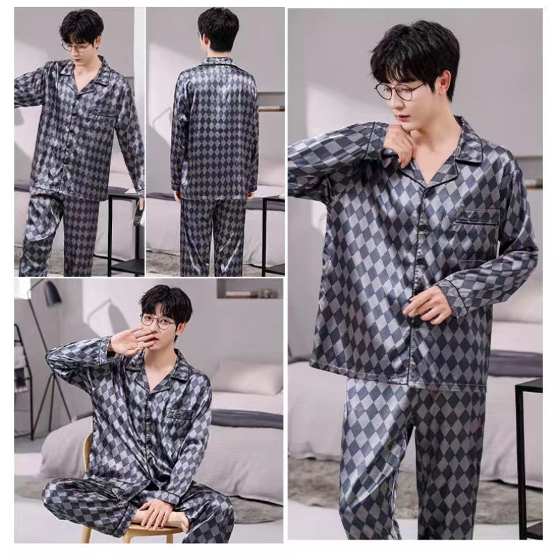 3XL-5XL 165KG Extra Large Size Pajamas Men Print Satin Long Sleeve Trouses Suit Spring Summer Fatty Fattening Loose Home Clothes