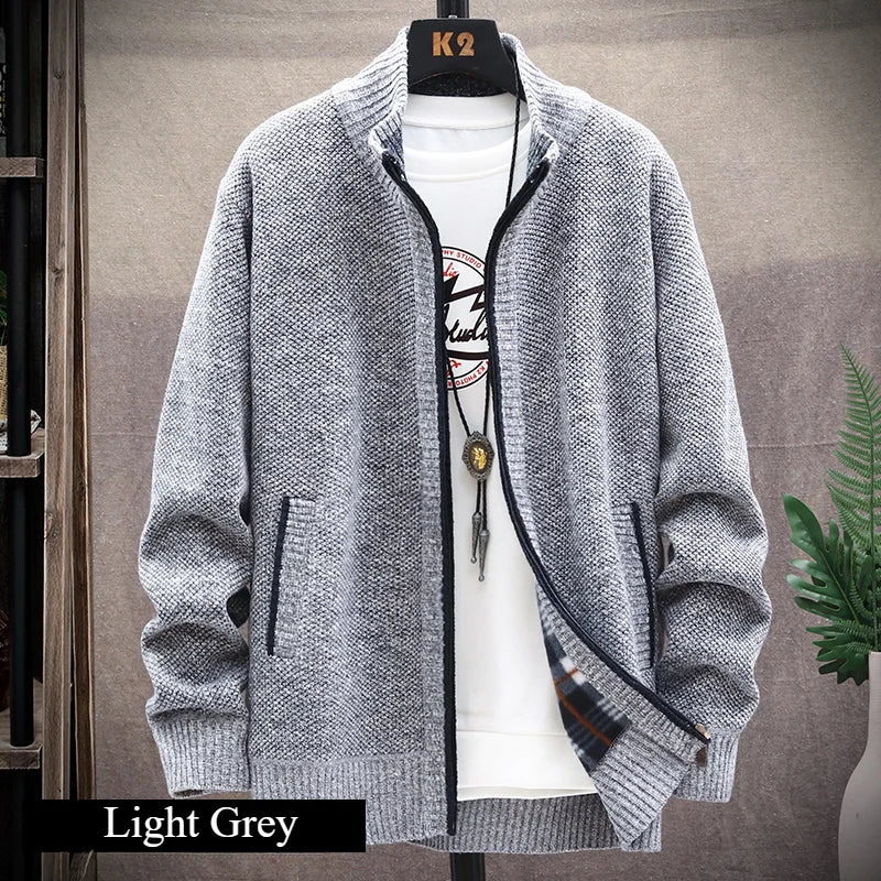 Knitted Cardigan Solid Color Sweater Men Zipper Autumn New Long-sleeved Jacket Warm Fleece Cardigans Jacket