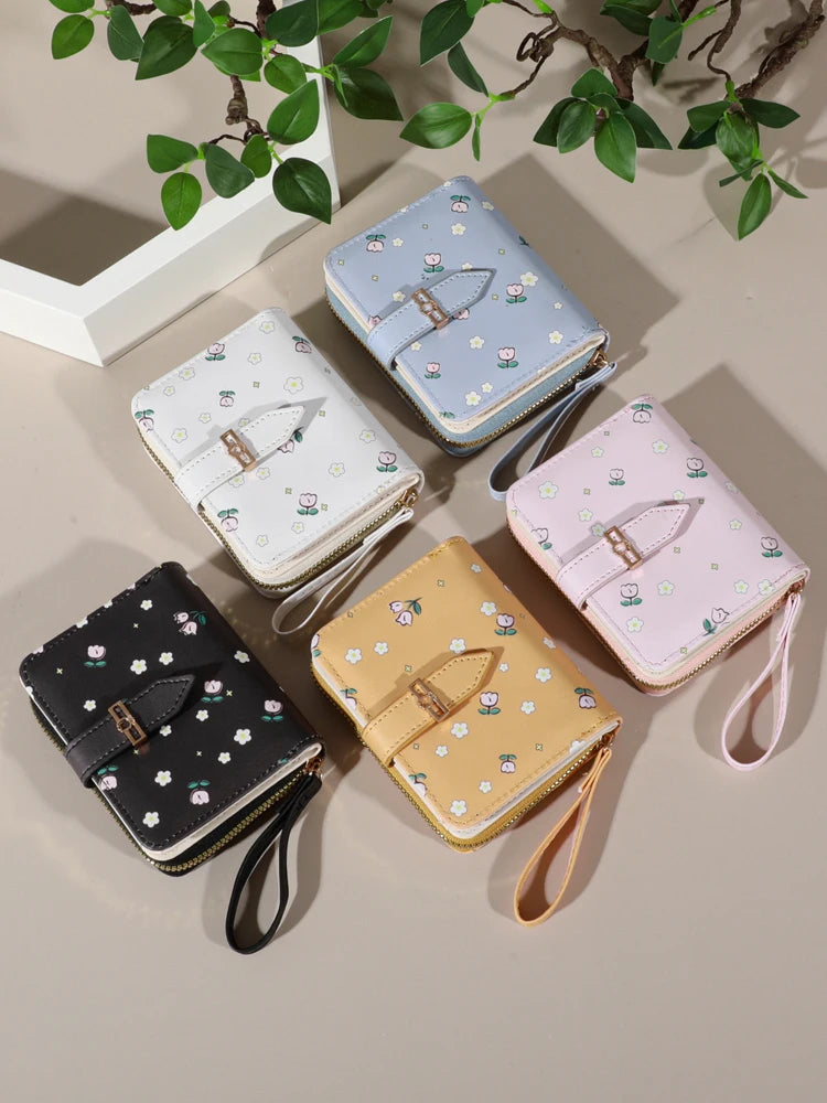 Flower patterned credit card holder for women or men's small card case with zipper hand-held wallet
