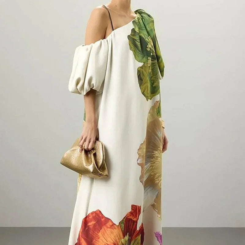 Women New Elegant Floral Printed Evening Maxi Dresses Loose One-Shoulder H-line Vacation Bohemia Dress