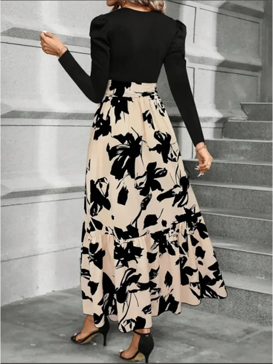 Round Neck Color Blocked Dress Women's Long Sleeved Floral Print A Line Dresses Autumn Elegant Party Dress Robe