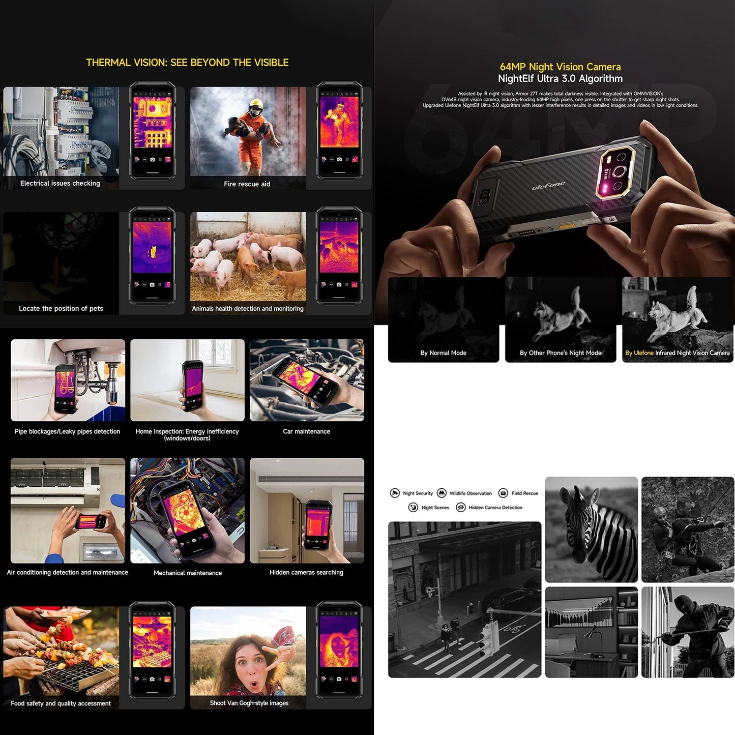 Ulefone Armor 27T Rugged Phone Thermal Imager 12GB+256GB 10600mAh 6.78'' Android 14 Helio G99 Night Vision 4G NFC Smartphone