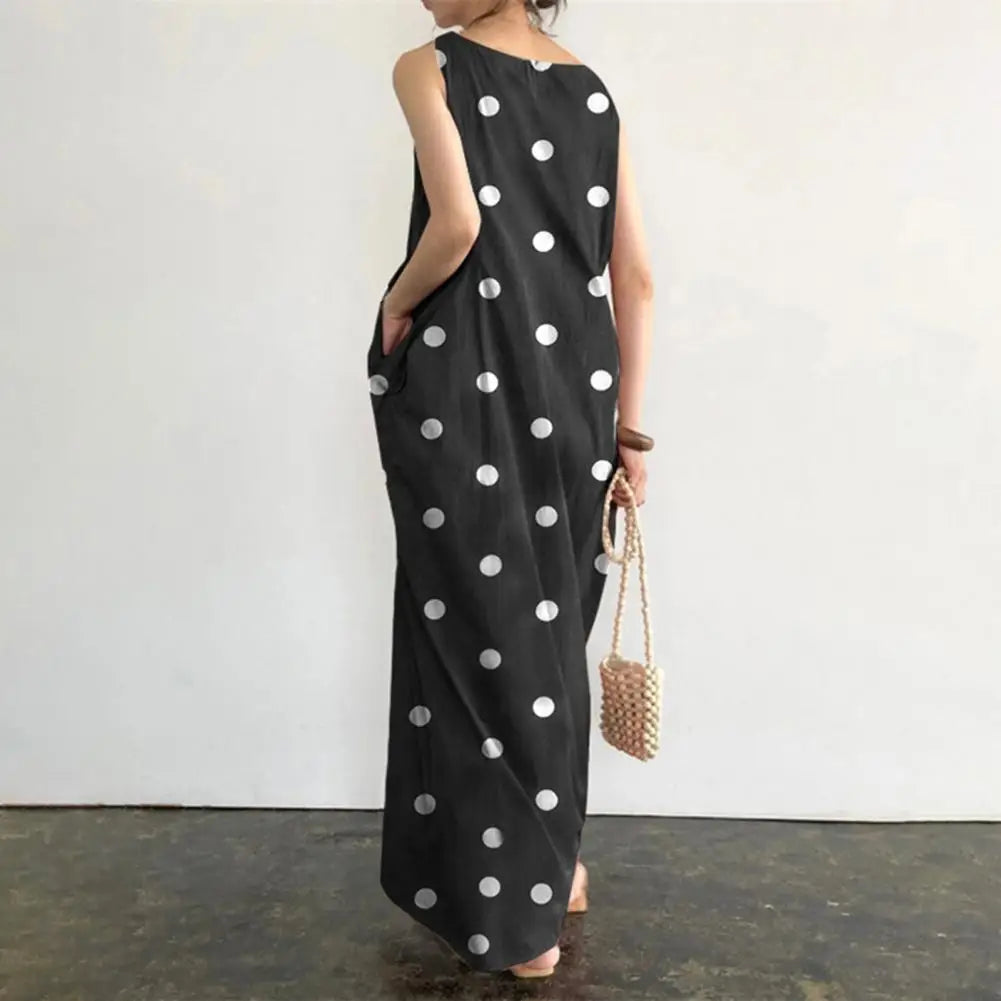 Loose Maxi Dress Summer Maxi Dress with Dot Print O Neck Big Pockets for Women Soft Ankle Length Beach
