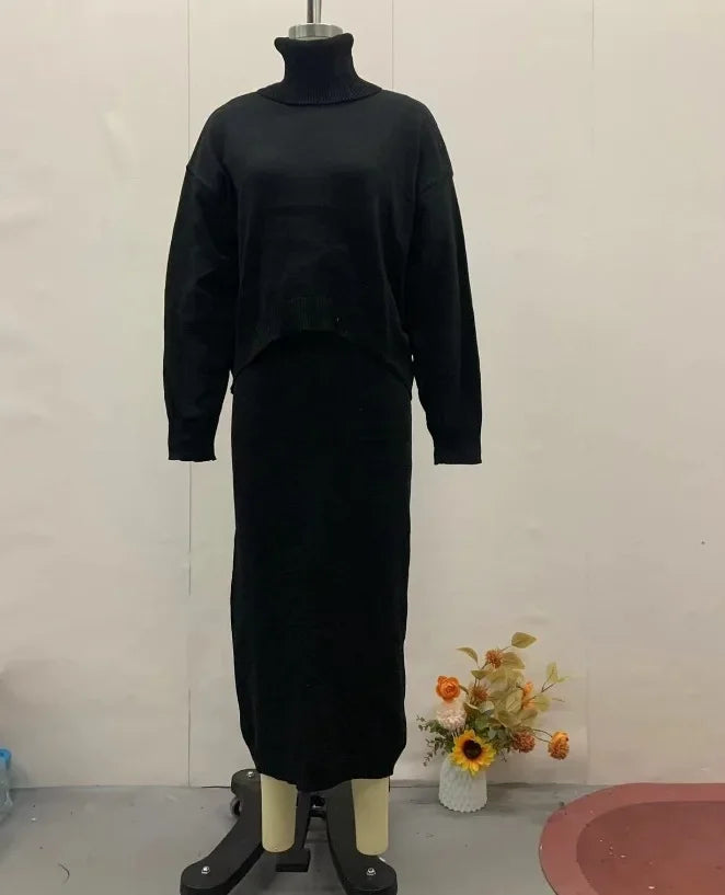 Muslim Knitting Skirts Suit Women 2 Piece Set Pullover Turtleneck Sweater Knitted Skirt Outfits Arab Knitwear Casual Ensemble