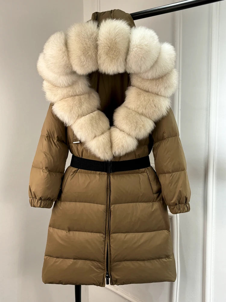 Lagabogy 2025 Winter Puffer Jacket Women Real Fox Fur Hooded Collar Thick Warm Long White Duck Down Coat Loose Luxury Outerwear