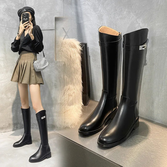 Genuine Leather Thick-Soled Autumn Winter New Style Chunky Heel Rhinestone Buckle High Tube Riding Over-The-Knee Long Boots