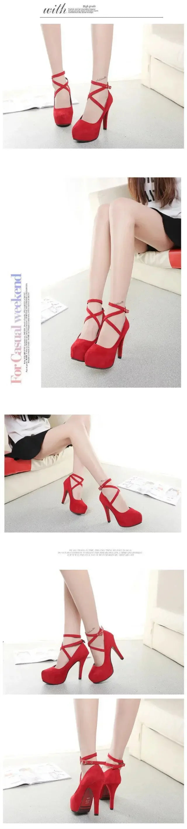 Women's Fashion High Heels round Toe Slip-On Cross Buckle Shoes Thin Heel Summer Rubber Sole Leather Micro Fiber Shoes