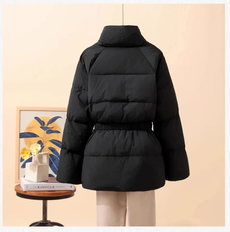 Schinteon Women White Duck Down Jacket Casual Loose Belt V-neck Collar Fashion Autumn Winter Outwear Korean Style Coat 2025 New