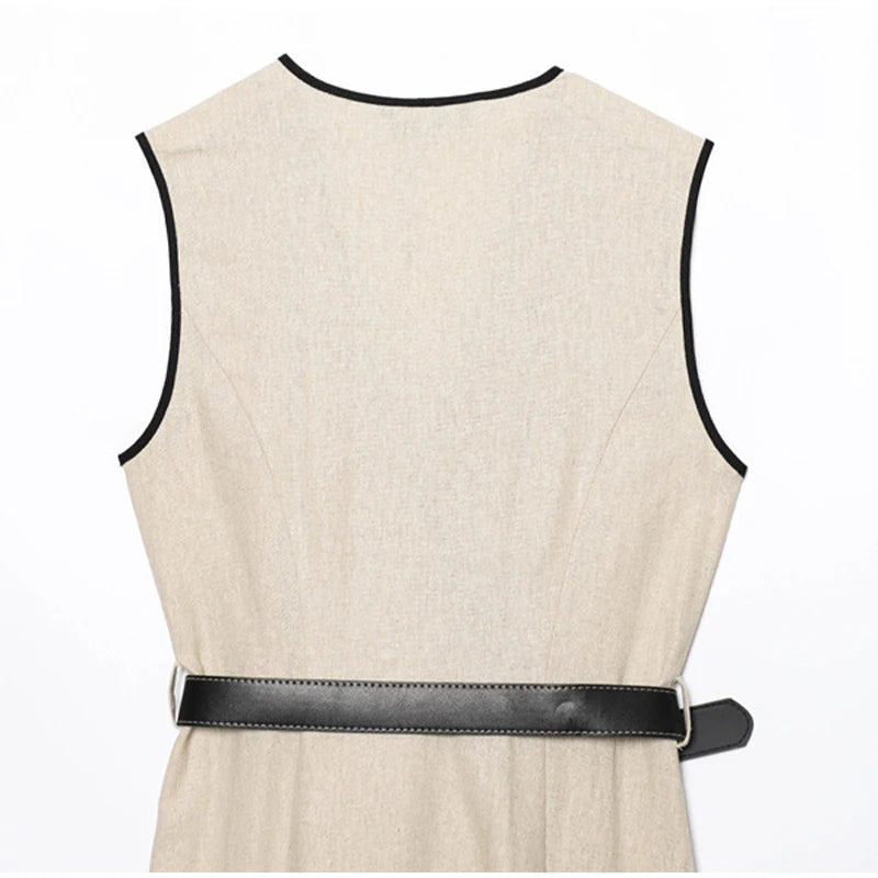 Y2K Patchwork V-neck Midi Dress With Belt Women Elegant Sleeveless Evening Party Tank Dress Summer Vacation Chic Beach Vestidos
