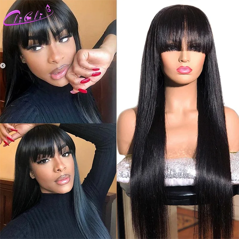 Straight Human Hair Wigs With Bangs 5x5 Hd Lace Closure Wig Fringe 13x4 Lace Frontal Glueless Wig Human Hair Ready To Wear Cheap
