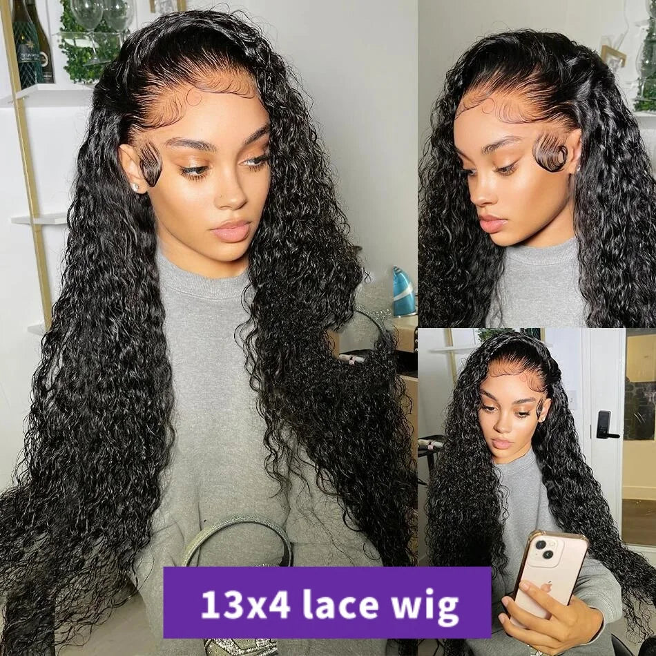 13x6 Deep Wave Lace Front Wigs Human Hair 200% Density Curly Human Hair Wig for Women Natural Black HD Transparent Lace Frontal