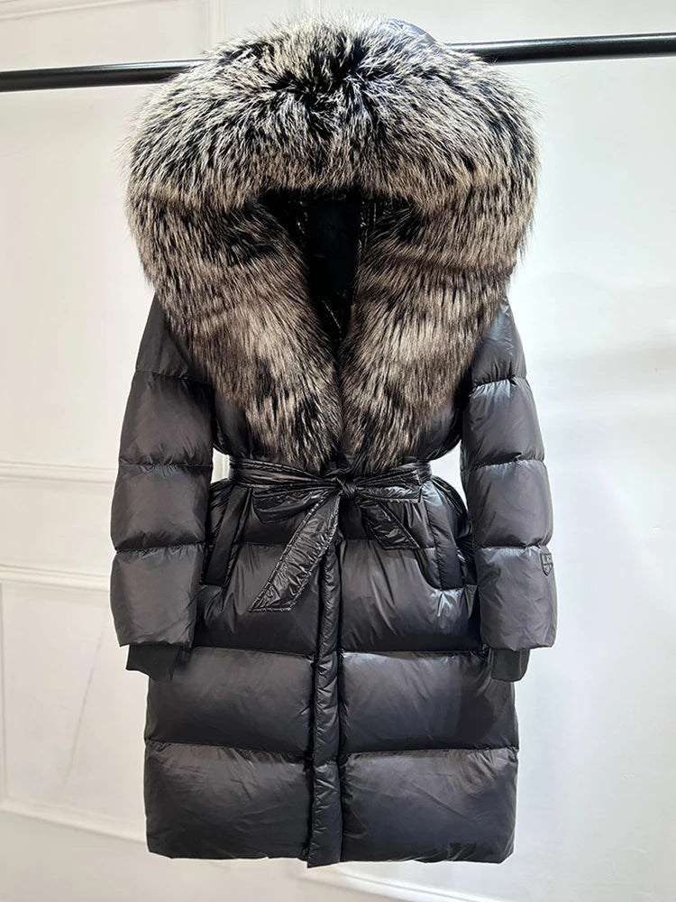 Janveny Winter Real Natural Fox Fur Hooded Long Puffer Down Jacket Women 90% Goose Down Coat Thick Warm Female Shiny Parkas