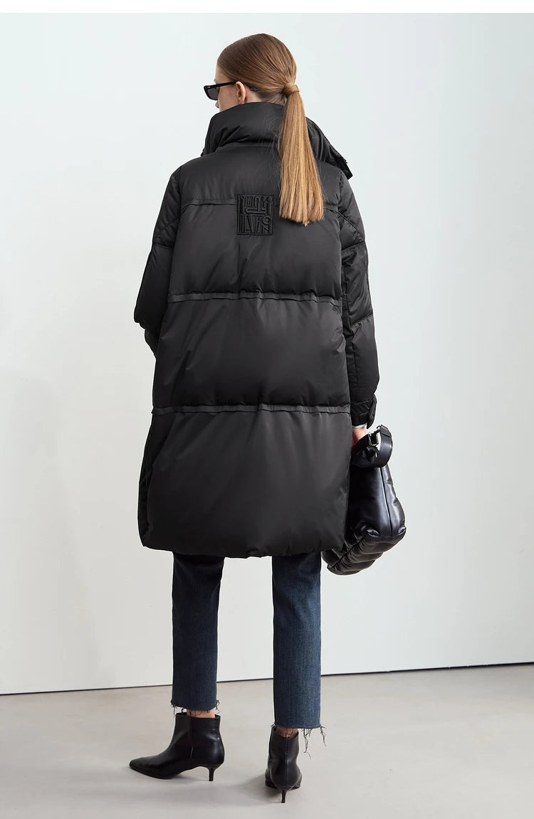 Amii 2024 Winter New Women's Velcro Loose Coat Top Warm Stand-up Collar Letter Embroidered Seal Zipper Down Jacket 12444103