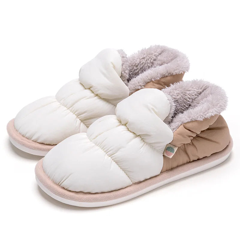 WDZKN Fashion Women Home Cotton Shoes Winter Warm Plush Slip On Slippers Waterproof Down Soft Bottom Indoor Couple Outside Shoes