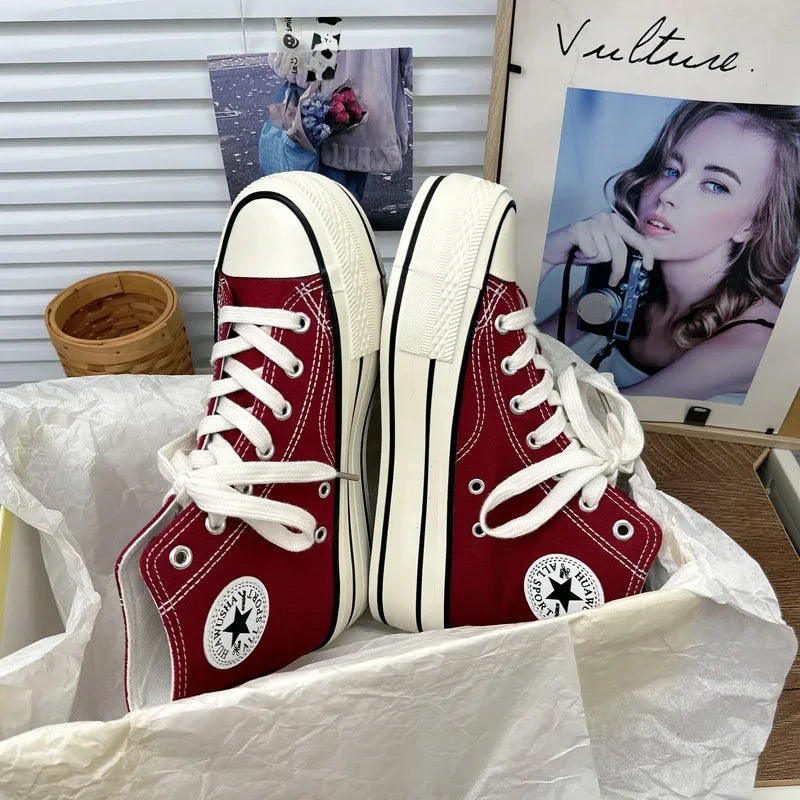 2024 New Style Korean Versatilewine Red High Top Shiny Canva Women's Shoes With Thick Sole 4CM Low Top Sneaker H-1