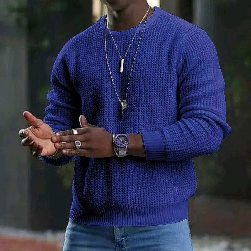 New 2025 Men's Waffle Knitted Sweaters Solid Loose Casual O-neck Pullover Tops Spring Autumn Long Sleeve Sweatshirt Male Sweater