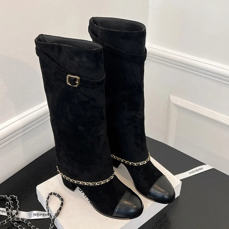 Arden Furtado 2024 Cowhide Mixed Colors Knee high boots Round toe Suede Pull-on Turned-over Edge Chunky heels Modern boots