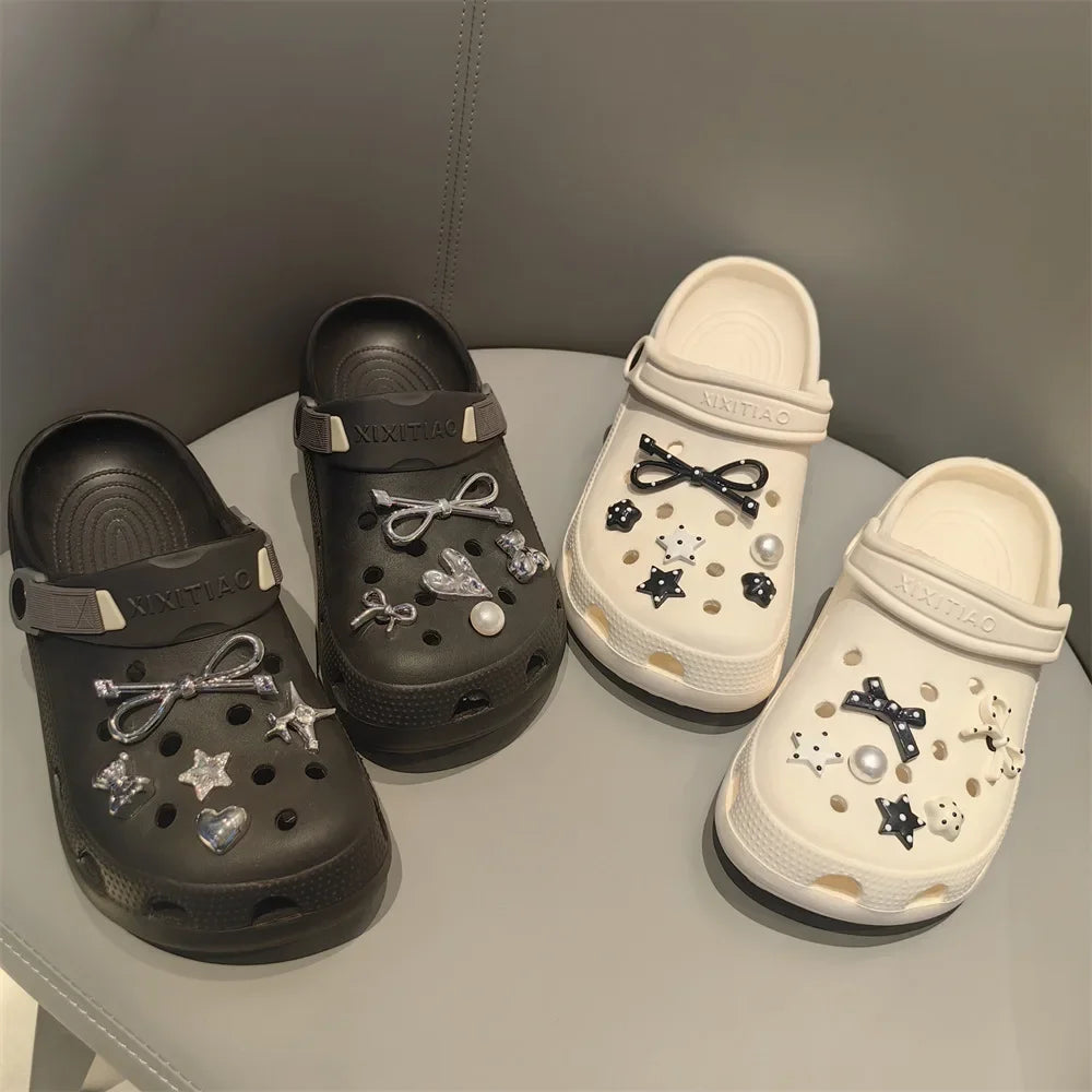 New 1Set Black White Dot Shoe Charms Set DIY Bow Star Pearl Shoe Decorations Silver Advanced Detachable Buckle Shoes Accessories