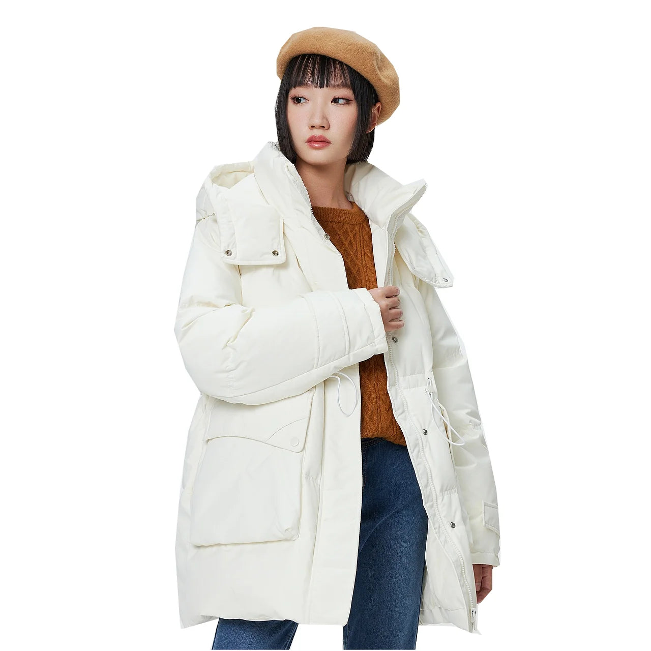 Metersbonwe Women's  Oversized Long Hooded Down Jacket Adjustable Pig Nose Buckle Waist Belt Utility Duck Down Parka Warm Winter