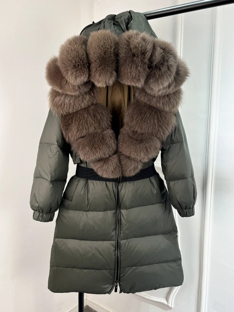 Lagabogy 2025 Winter Puffer Jacket Women Real Fox Fur Hooded Collar Thick Warm Long White Duck Down Coat Loose Luxury Outerwear