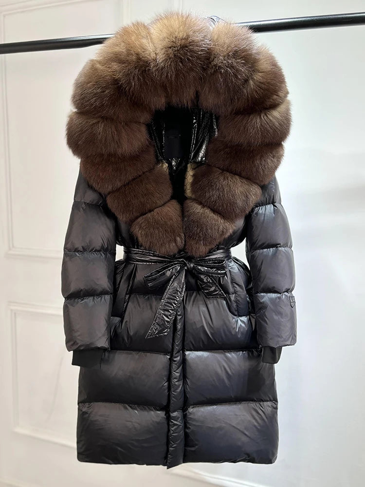Janveny Winter Real Natural Fox Fur Hooded Long Puffer Down Jacket Women 90% Goose Down Coat Thick Warm Female Shiny Parkas