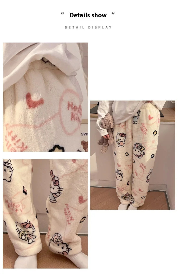 HelloKitty Warm Coral Velvet Sleepers Women's Flannel and Velvet Thick Pants Sleepwear Plush Large Home Pants