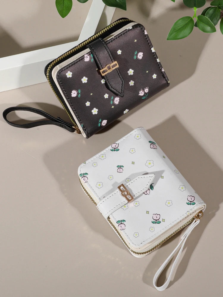 Flower patterned credit card holder for women or men's small card case with zipper hand-held wallet