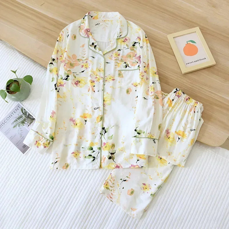New Spring And Summer Ladies Pajamas Two-piece Viscose Long-sleeved Trousers Big Flower Cardigan Comfortable Home Service Set