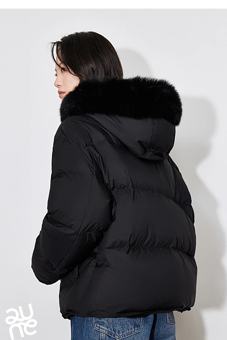 TOYOUTH Women Down Jacket 2024 Winter New 90% White Duck Down Fur Collar Hooded Warm Jacket Coat