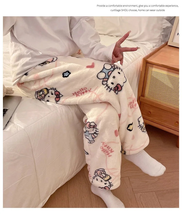 HelloKitty Warm Coral Velvet Sleepers Women's Flannel and Velvet Thick Pants Sleepwear Plush Large Home Pants