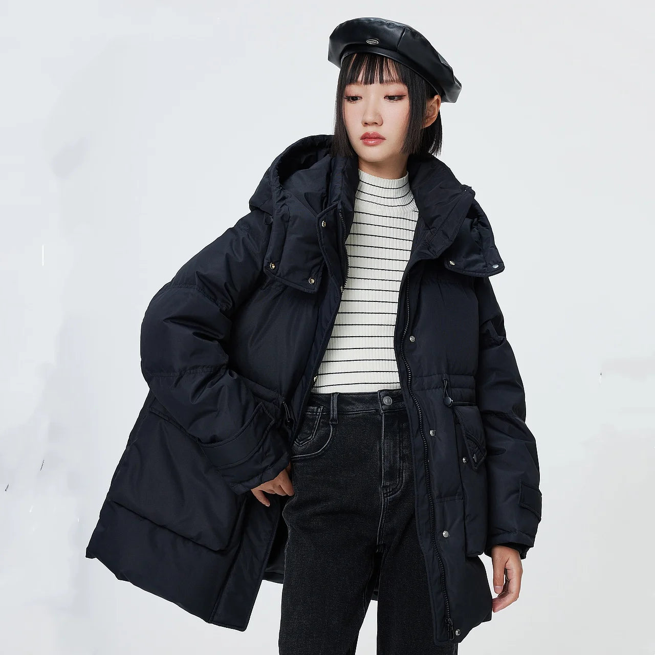 Metersbonwe Women's  Oversized Long Hooded Down Jacket Adjustable Pig Nose Buckle Waist Belt Utility Duck Down Parka Warm Winter