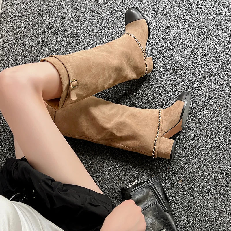 Arden Furtado 2024 Cowhide Mixed Colors Knee high boots Round toe Suede Pull-on Turned-over Edge Chunky heels Modern boots