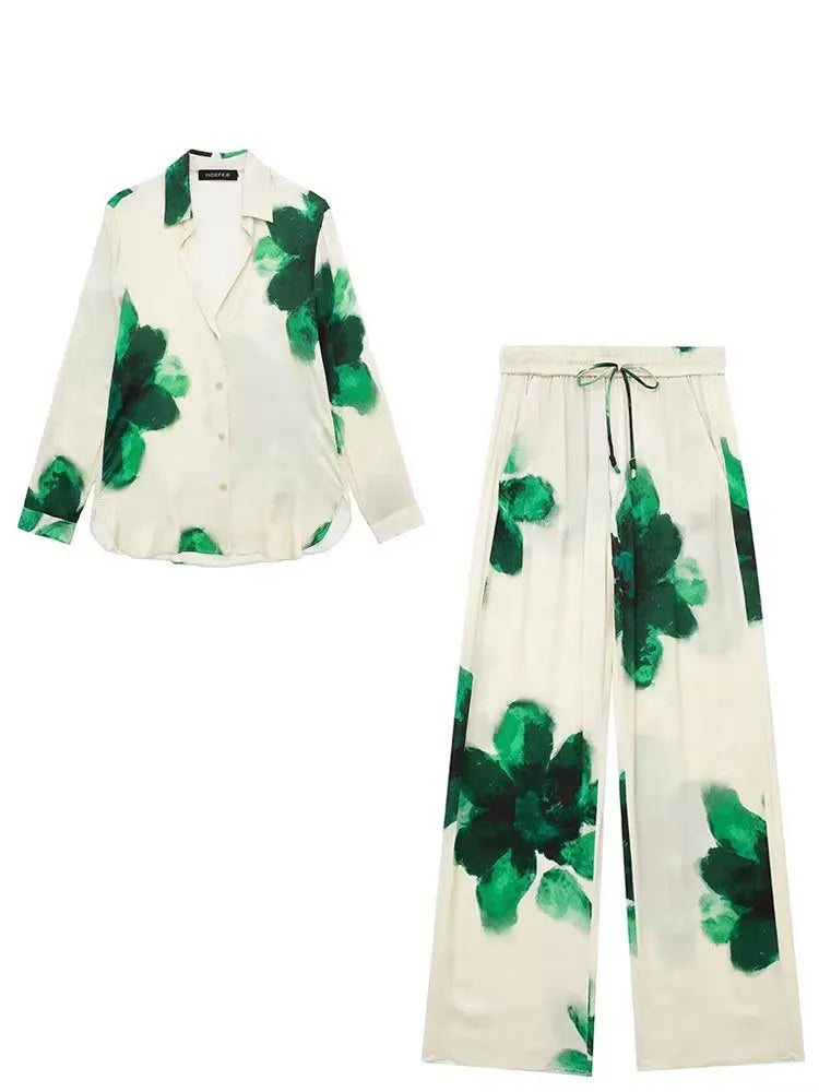 HH Women Fashion Floral Print Blouse Pant Sets Long Sleeve Lapel Shirt Drawstring Wide Leg Trousers Female Streetwear Suit