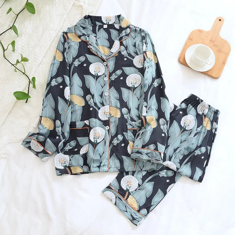 New Spring And Summer Ladies Pajamas Two-piece Viscose Long-sleeved Trousers Big Flower Cardigan Comfortable Home Service Set