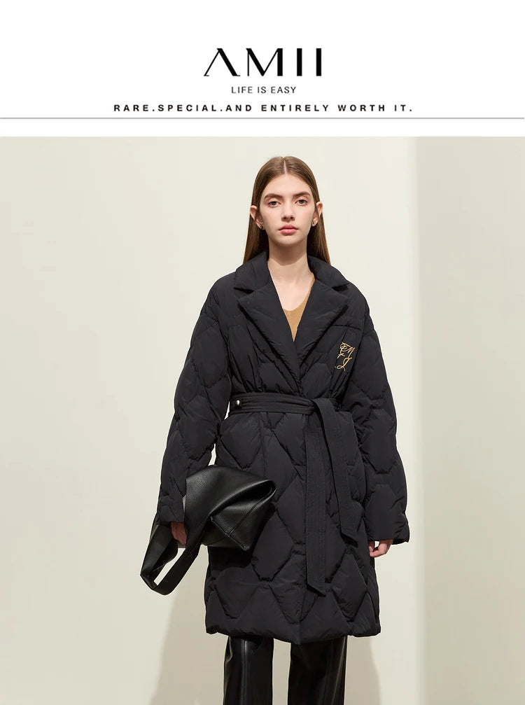 AMII Minimalism Down Jacket For Women 2025 New Blazer Collar Winter Lightweight Thermal Belt Diamond Solid Coat Female 12344061