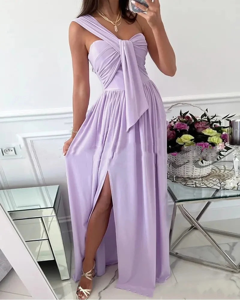 Party Long Maxi Dresses for Women Elegant One Shoulder Ruched Bandeau Evening Party Cocktail Gown Flowy Split Dress