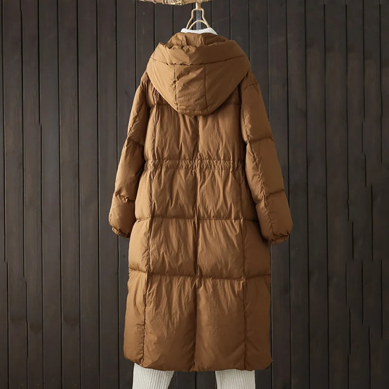 Schinteon Women White Duck Down Long Jacket Casual Loose Autumn Winter Outwear with Hood Warm Coat Big Pockets 2024 Korean Style