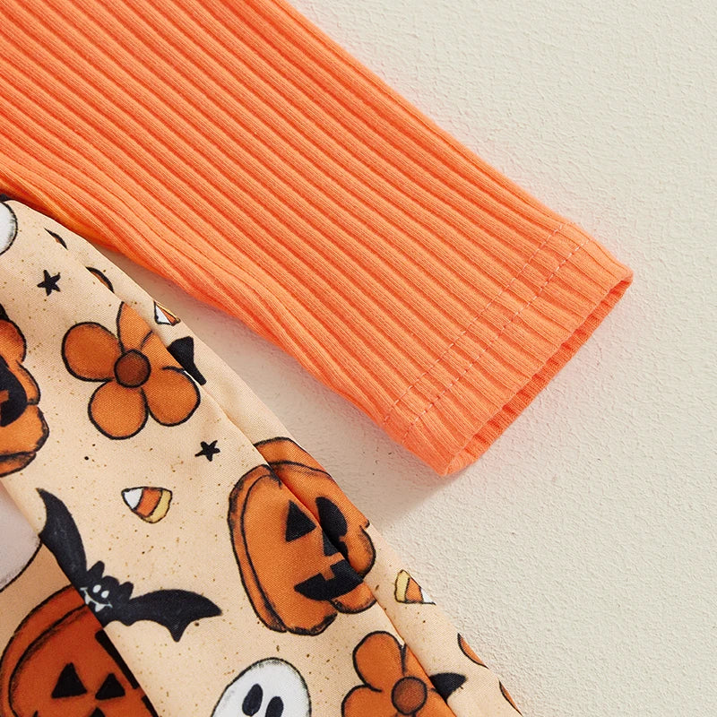 Newborn Baby Girl Halloween Clothes Outfit Pumpkin Ghost Print Long Sleeve Crew Neck Patchwork Romper Dress with Headband