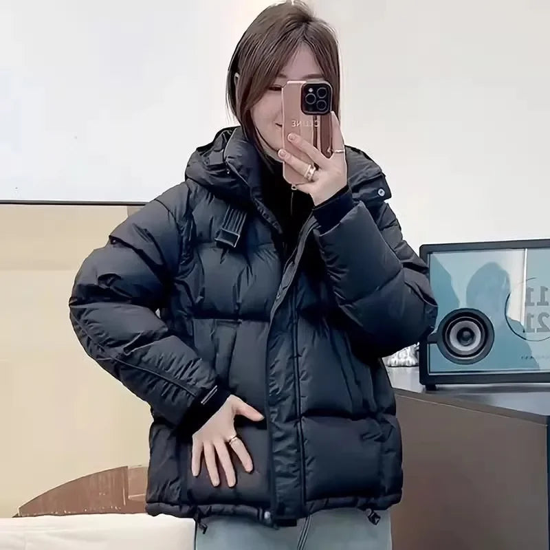 Schinteon Women White Duck Down Jacket with Hood Autumn Winter Warm Outwear Korean Style Over Size Loose Solid Color Coat 2025