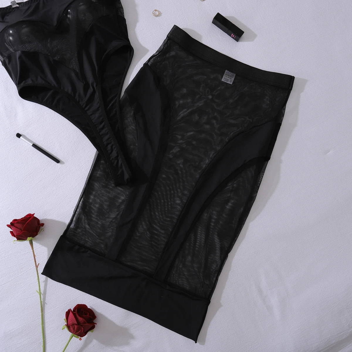 European and American 2025 new perspective slim fit patchwork mesh sexy half skirt jumpsuit two-piece set