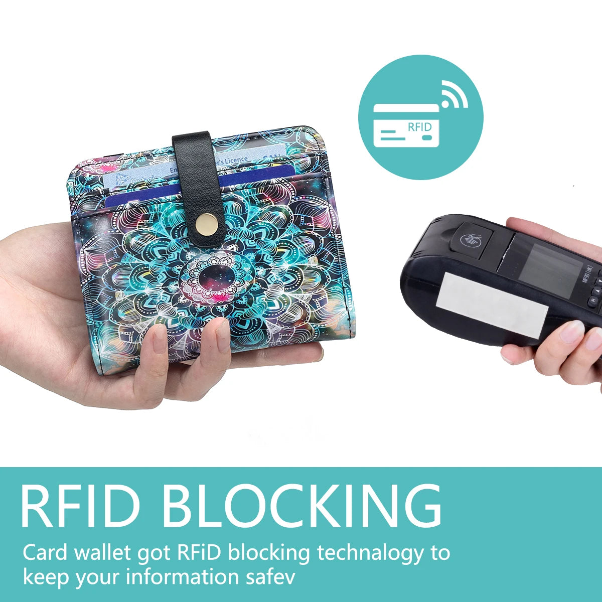 Mandala Flower Pattern Rfid Women's Wallet, Ultra-Thin and Compact Credit Card Wallet with Key Chain, Pu Leather Folding Zipper Coin Bag Id Card Transparent Window, Suitable for Women/Girls/Girls